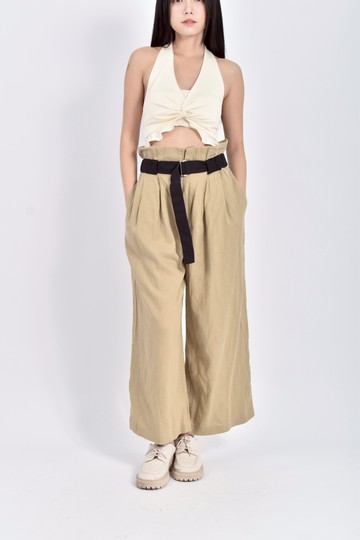 (M) mila owen高腰亞麻腰帶棕色長褲