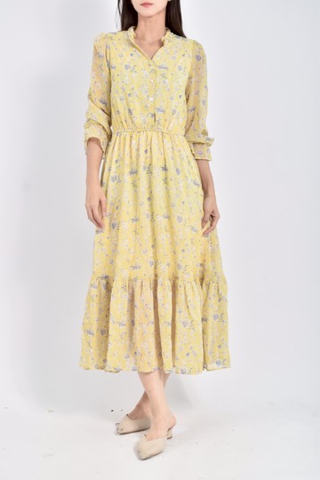 (S) edition碎花長袖鬆緊腰黃色洋裝