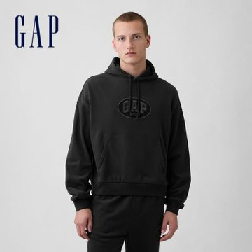 【GAP】VintageSoft毛圈布寬版Gap Logo 短版連帽運動衫-無月黑(887935)