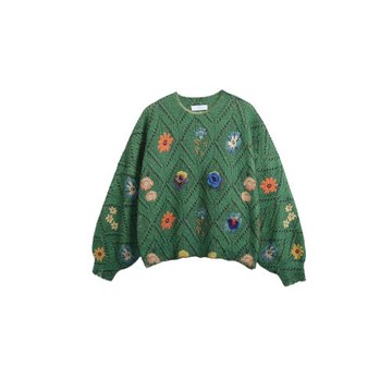 水草不咸Dannn 草地綠色花朵燈籠袖針織慵懶軟軟糯糯秋冬毛衣女