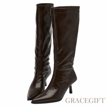 【Grace Gift】悅悅聯名-高級冷感漆皮尖頭細跟及膝長靴 咖