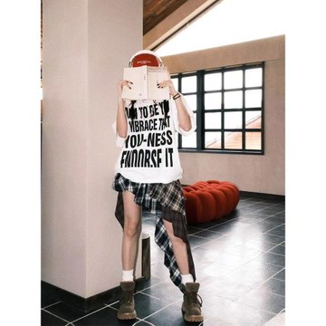 Pumpkin/叛逆旋律 韓國小眾拼接格子裙女設計感不規則辣妹半身裙