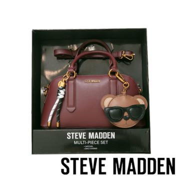 STEVE MADDEN-潮流小熊雙吊飾/素面兩用包禮盒-酒紅色