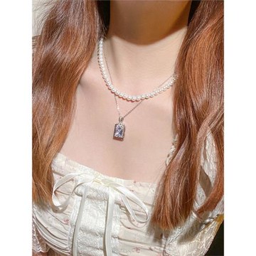 擁抱月亮｜銀色香水瓶仿施家玻璃珍珠雙層鋯石吊墜百搭項鏈