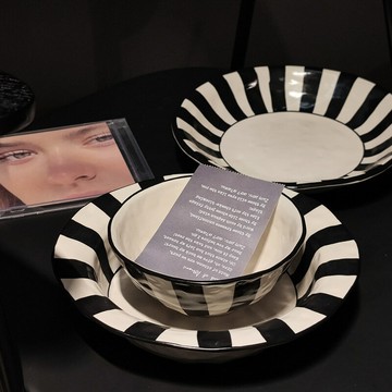 陶瓷家用復古碗盤餐具套裝手捏碗碟輕奢黑白條紋湯碗湯盤米飯手工