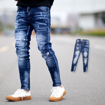 【NB1410J】韓國製深藍刷白噴漆小刷破補丁合身版牛仔褲(LE-HB160)