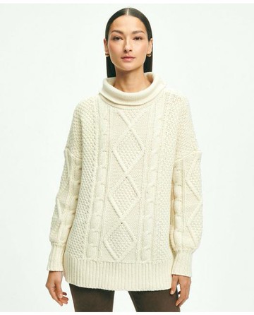 Brooks Brothers Women's Oversize Merino Wool Mock Neck Aran Knit Sweater | Cream | Size Large