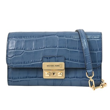 MICHAEL KORS TRIBECA 鱷魚壓紋翻蓋WOC斜背鍊包/晚宴包.牛仔藍