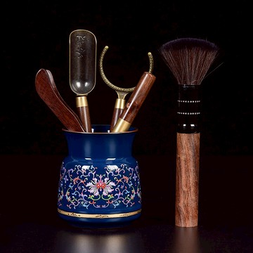 琺瑯彩茶道六君子套裝 功夫茶黑檀木零配件茶夾茶勺茶刀茶藝擺件