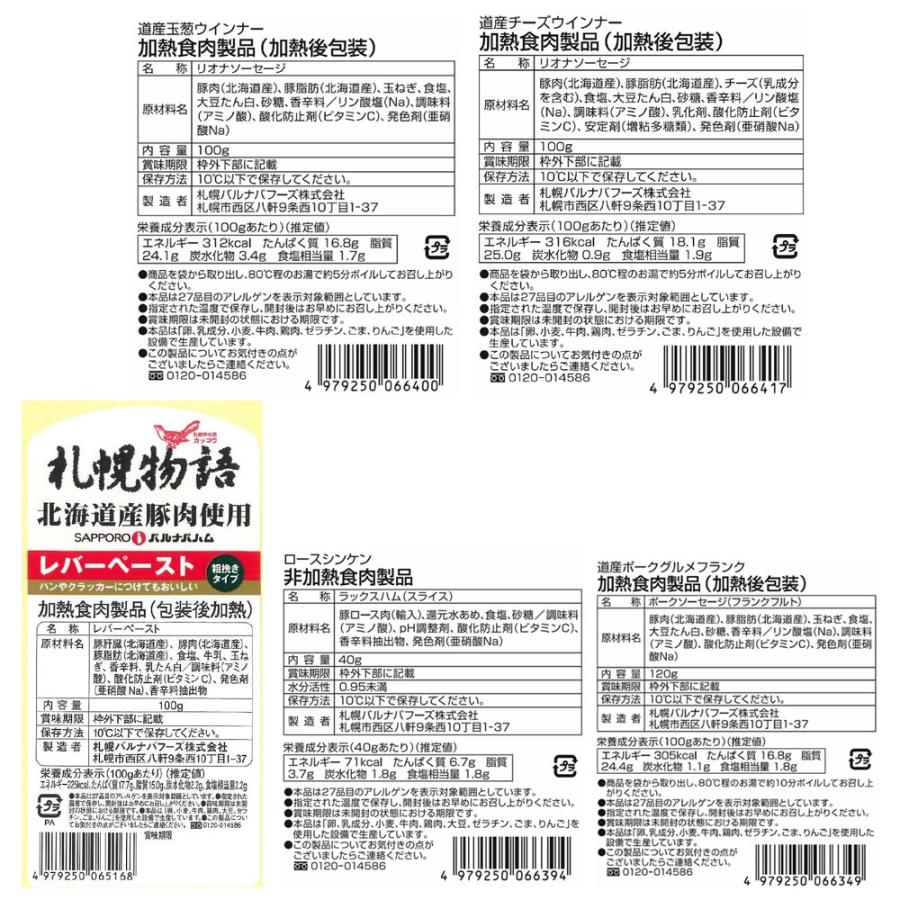 北海道 「札幌バルナバフーズ」 生ハム＆ウインナー 道産ポークグルメフランク120g×１、ロースシンケン（生ハム）40g×１、道産玉葱ウインナー1