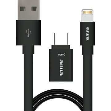 Aiwa 愛華 Lightning充電傳輸線 附Type-C轉接頭 MFi認證 2.4A最大充電電流 扁線設計不易打結  黑色  1條  1.2m
