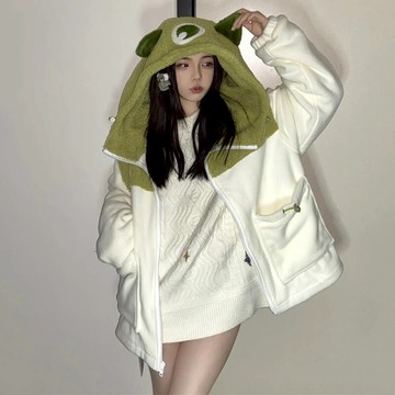 2022年新款冬季國潮小怪獸羊羔絨外套女加厚小子夾克情侶款ins
