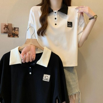 D8026L_胖MM大尺碼女裝夏季韓版時尚撞色POLO領刺繡貼布寬鬆T卹上衣