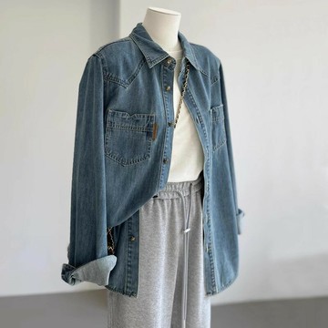 現貨+預購 美式牛仔外套長袖經典牛仔襯衫-復古休閒春秋丹寧女外套74km42【獨家進口】【米蘭精品】
