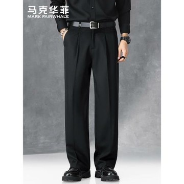 馬克華菲高級感闊腿彎刀西褲男士秋冬季新款寬松黑色加絨休閑褲男