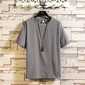 夏季男士亞麻短袖t恤新款潮流五分短袖寬松半袖上衣服夏裝