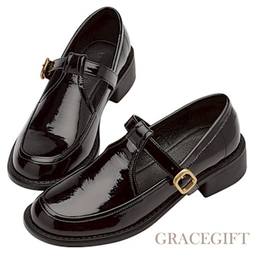 【Grace Gift】倫敦時尚皮帶扣T字粗跟瑪莉珍鞋 黑漆