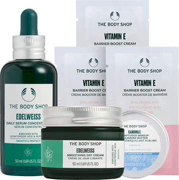 【THE BODY SHOP】雪絨花漾顏雙星組  (雪絨花漾顏奇肌活顏素-50ml*1+任1  修護霜-50ml / 澎潤霜-50ml  贈洋甘菊卸妝霜-20ml*1+維他命E修護霜-3ml*3)