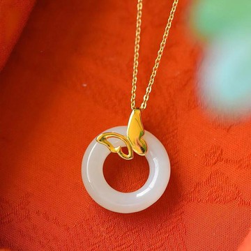 新款 蝶舞氣質女神款天然玉吊墜925純銀鍍金蝴蝶白玉扣環項鏈女