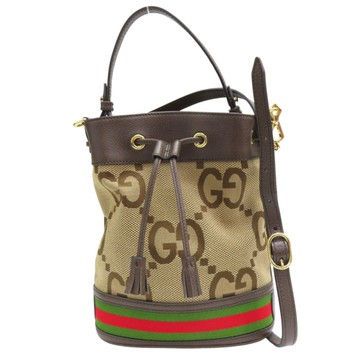 【二手名牌BRAND OFF】GUCCI 古馳 烏木色 帆布 皮革飾邊 束口 两用包