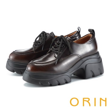 ORIN 復古漆皮綁帶厚底鋸齒德比鞋 棕色