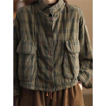 商場折扣店撤柜復古炒色砂洗亞麻外套大口袋重工色織格紋夾棉棉襖