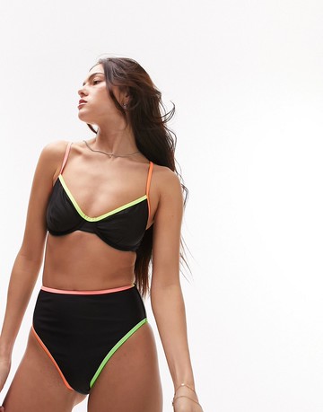 Topshop mix and match neon trim underwire bikini top in black
