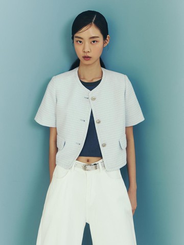 Round Neck Short Sleeve Tweed Blazer (AR2WJ461)