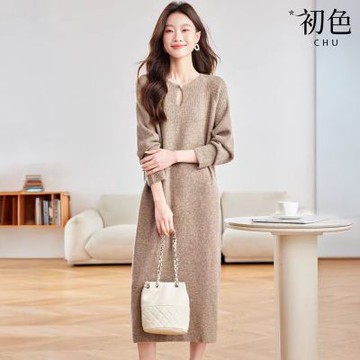 初色 慵懶風簡約珍珠裝飾修身中長款鏤空圓領長袖毛衣連衣裙連身洋裝長洋裝-共3色-16147(F可選)