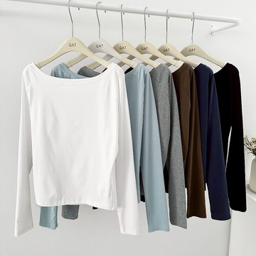 【Fee隔日到貨6色】正韓斜肩感一字肩棉長袖上衣🔥一字肩上衣 寬鬆 純棉上衣 顯瘦上衣女 上衣 設計感上衣 GAT