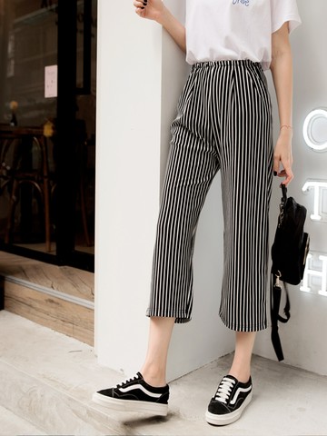 撞色直條紋線條腰鬆緊七分寬褲