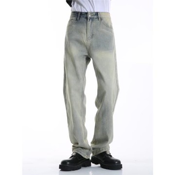 Voguo Relay 泥黃色水洗做舊寬松直筒休閑中腰顯瘦牛仔褲男女同款