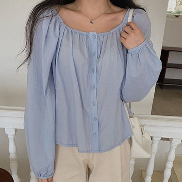 La Belleza寬領抓皺素色燈籠袖排釦微透襯衫