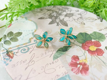 真花押花繡球花 繞線花組合 耳釘 18K包金耳針(可轉耳夾式)