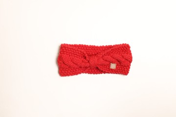 /輕髮帶/可愛正紅色蝴蝶結麻花細軟美麗諾純羊毛運動頭帶手工編織