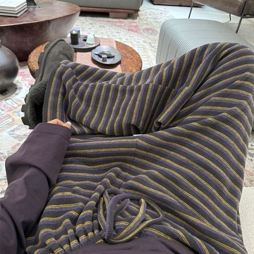 【台灣發貨】ins韓系條紋褲 少女撞色條紋 休閒褲 闊腿褲 直筒褲 軟糯糯女長褲 秋冬長褲 高腰褲 針織條紋長褲