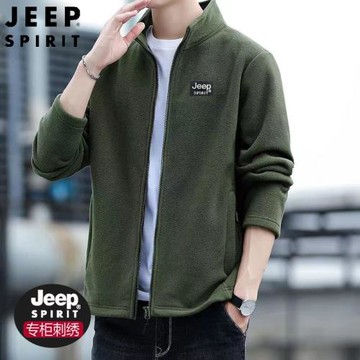 JEEP吉普春秋季刺繡休閑外套寬松抓絨衣男士加厚搖粒絨開衫衛衣潮