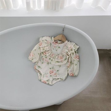 韓國童裝22春女嬰童寶長袖棉公主百天周歲花朵洋裝連身衣新生爬服