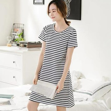 【藍尼居家】★條紋帶胸墊透氣棉睡裙(女睡衣/家居服/舒適)