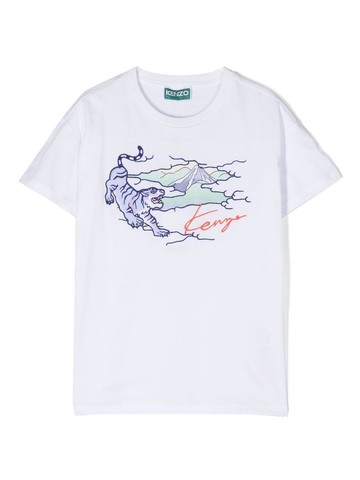 Kenzo Kids - tiger print logo T-shirt - kids - Cotton - 12 yrs - White