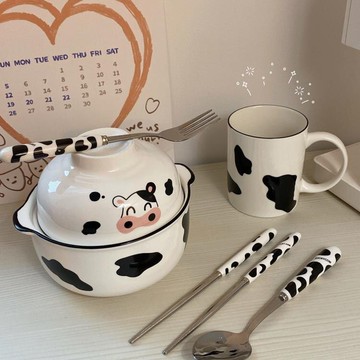 泡麵碗 ins可愛奶牛雙耳帶蓋泡面碗少女心宿舍家用早餐沙拉碗陶瓷碗耐熱【林之舍】