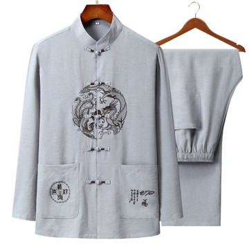 中國風唐裝男裝薄款中老年漢服爸爸長袖套裝棉麻爺爺衣服春夏裝