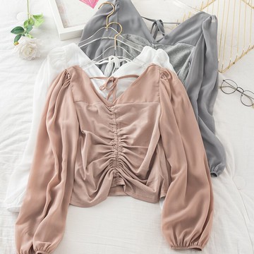 時尚性感設計感褶皺拼接雪紡衫上衣女V領系帶蝴蝶結露背短款小衫