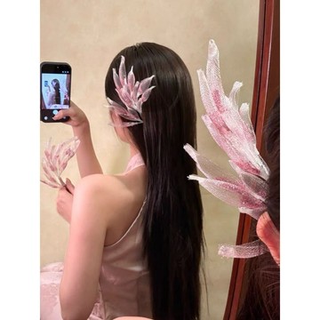 💫臺灣直出💫九尾狐仙粉色網紗羽毛髮夾女森系漫展新娘造型頭飾側邊髮卡