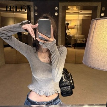 IELGY 秋季女式圓領木耳蕾絲長袖T恤純色修身顯瘦上衣