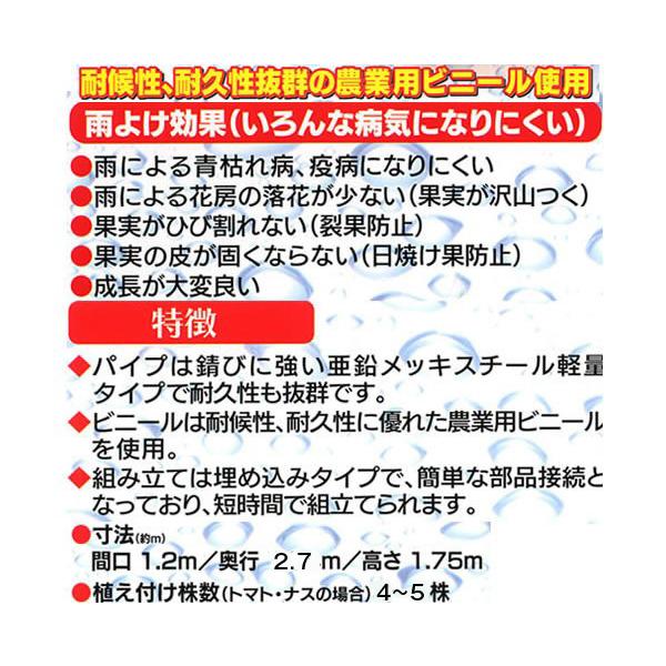 雨よけハウス組立セット 間口1.2ｍ×奥行2.7ｍ×高さ1.75ｍ 1うね用4〜5株 埋め込み式ビニールハウス 野菜 家庭菜園 法人も個人も送料無料