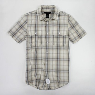 美國百分百【全新真品】Calvin Klein CK 男生 短袖 襯衫 米色系 格紋 上衣 S 號 板橋自取