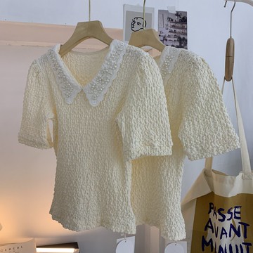 甜美娃娃領短袖襯衫女V-36夏季新款chic韓版設計感小眾輕熟上衣