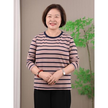中老年女士純棉秋衣胖媽媽高彈大碼寬松條紋打底衫春秋長袖家居服