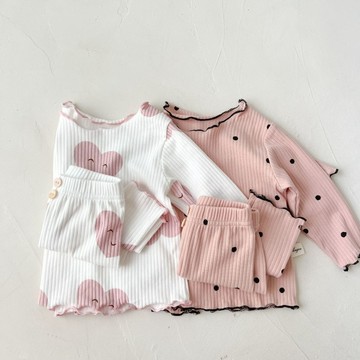 Mimo⭐現貨🌈女童家居服秋季女寶寶長袖冰絲羅紋坑條睡衣兩件套木耳邊套裝